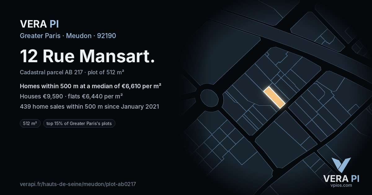 12 Rue Mansart, Meudon at night – the plot lit, the parcels around coloured by the prices near them