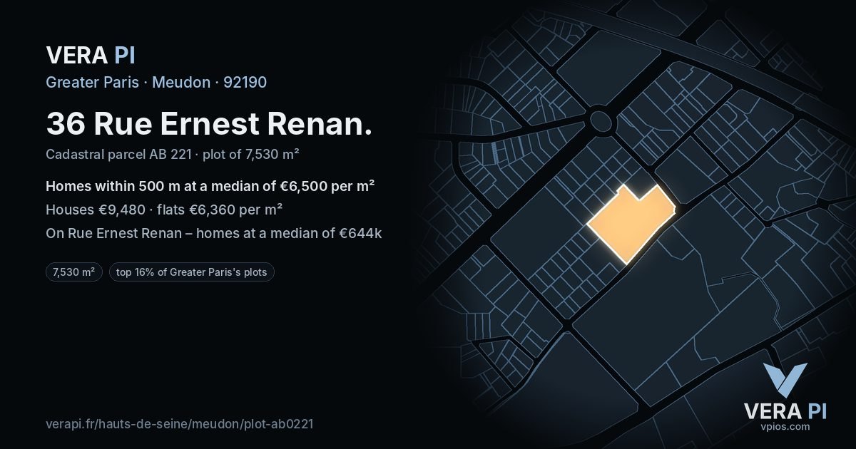 36 Rue Ernest Renan, Meudon at night – the plot lit, the parcels around coloured by the prices near them