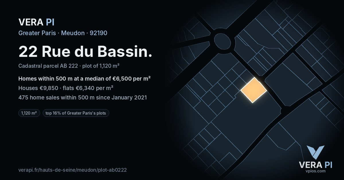22 Rue du Bassin, Meudon at night – the plot lit, the parcels around coloured by the prices near them