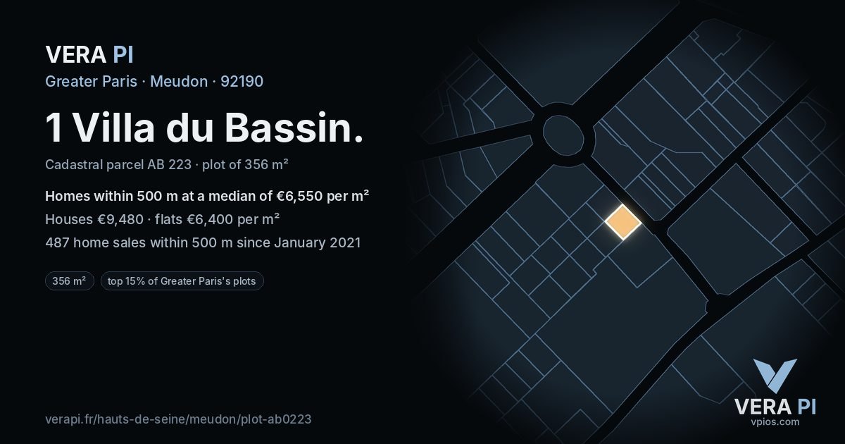 1 Villa du Bassin, Meudon at night – the plot lit, the parcels around coloured by the prices near them