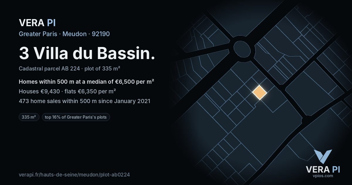 3 Villa du Bassin, Meudon at night – the plot lit, the parcels around coloured by the prices near them