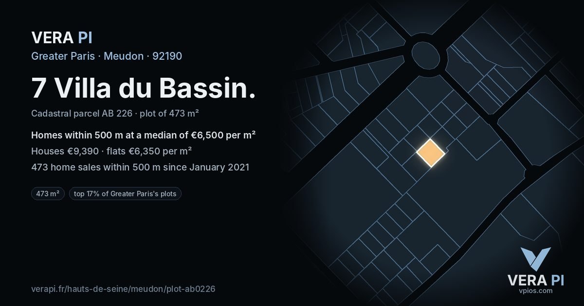 7 Villa du Bassin, Meudon at night – the plot lit, the parcels around coloured by the prices near them