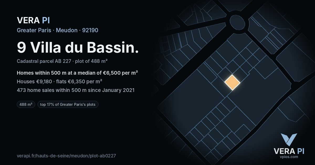 9 Villa du Bassin, Meudon at night – the plot lit, the parcels around coloured by the prices near them