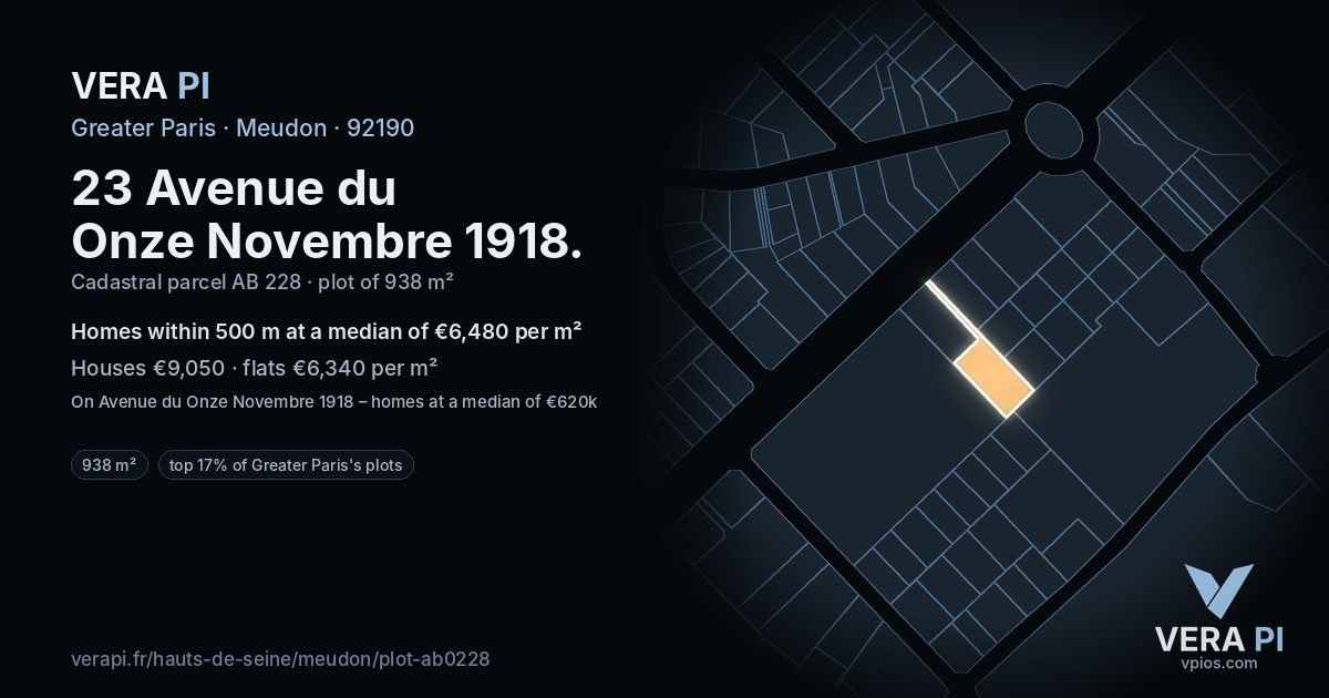 23 Avenue du Onze Novembre 1918, Meudon at night – the plot lit, the parcels around coloured by the prices near them