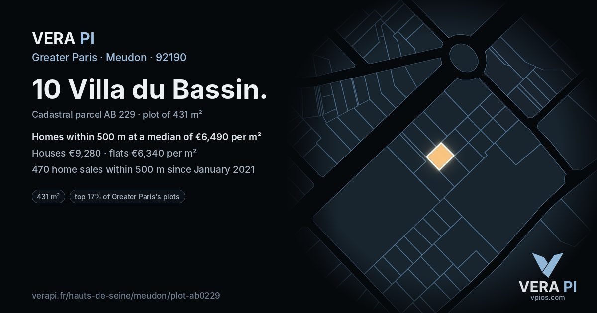 10 Villa du Bassin, Meudon at night – the plot lit, the parcels around coloured by the prices near them