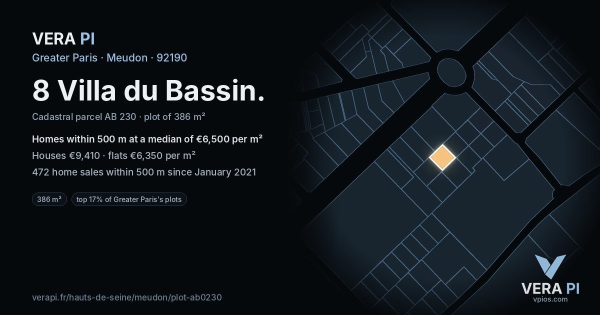 8 Villa du Bassin, Meudon at night – the plot lit, the parcels around coloured by the prices near them