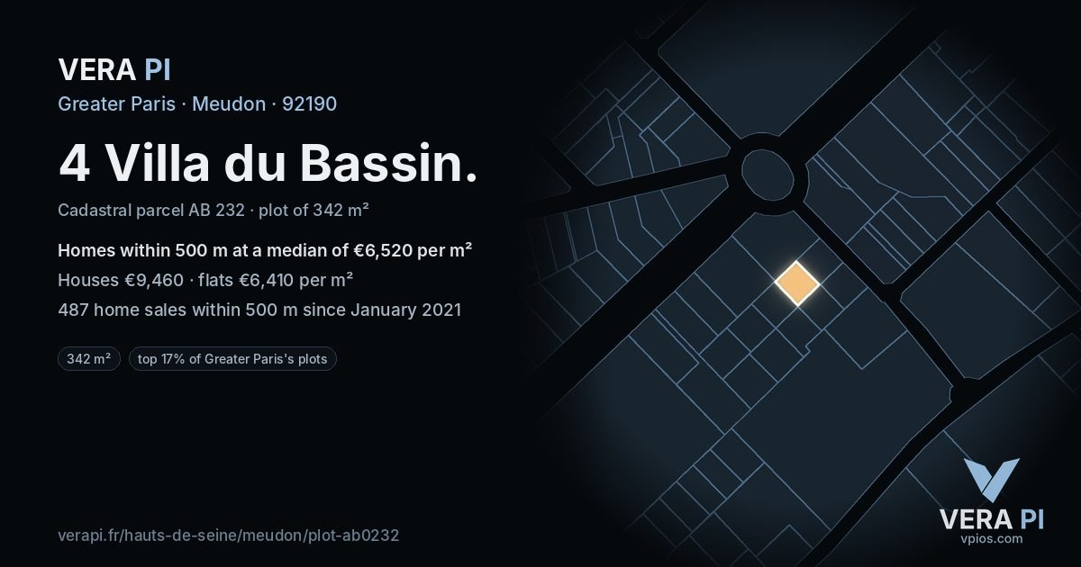 4 Villa du Bassin, Meudon at night – the plot lit, the parcels around coloured by the prices near them