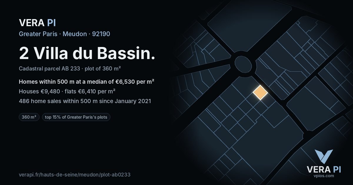 2 Villa du Bassin, Meudon at night – the plot lit, the parcels around coloured by the prices near them