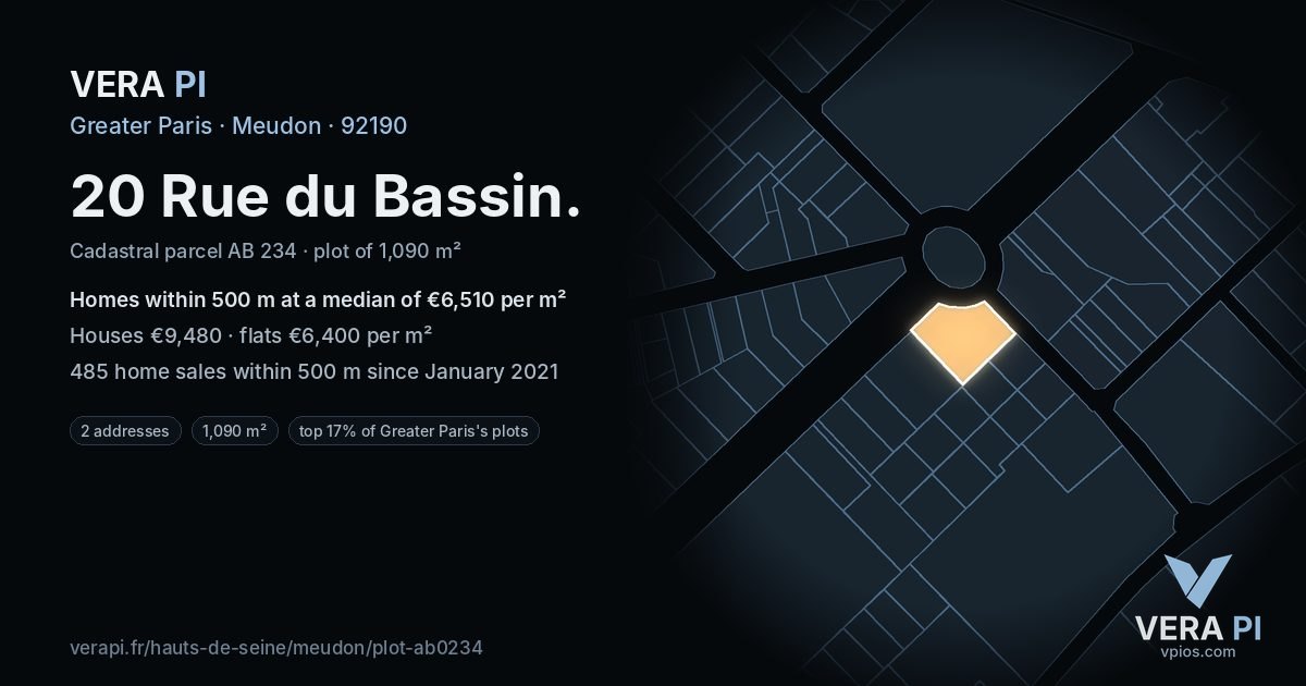 20 Rue du Bassin, Meudon at night – the plot lit, the parcels around coloured by the prices near them