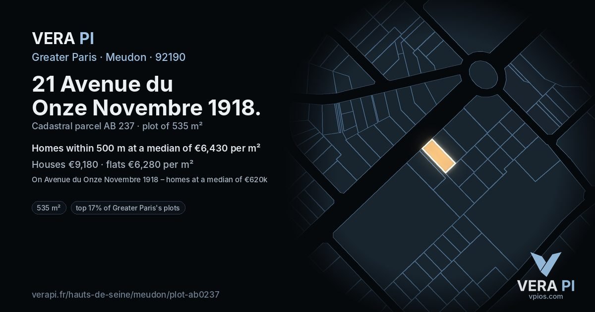 21 Avenue du Onze Novembre 1918, Meudon at night – the plot lit, the parcels around coloured by the prices near them