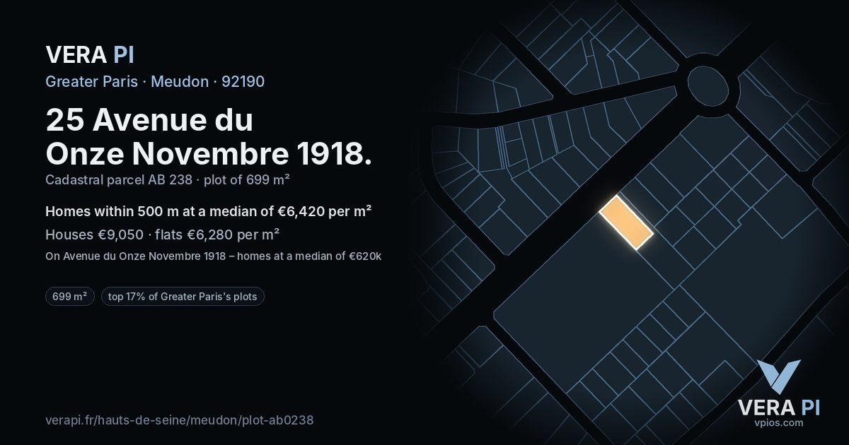 25 Avenue du Onze Novembre 1918, Meudon at night – the plot lit, the parcels around coloured by the prices near them