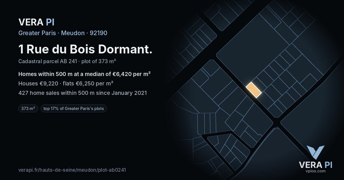 1 Rue du Bois Dormant, Meudon at night – the plot lit, the parcels around coloured by the prices near them