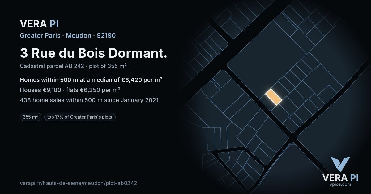 3 Rue du Bois Dormant, Meudon at night – the plot lit, the parcels around coloured by the prices near them