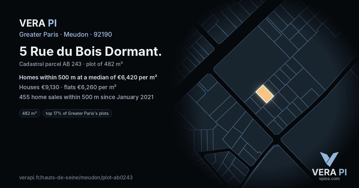 5 Rue du Bois Dormant, Meudon at night – the plot lit, the parcels around coloured by the prices near them