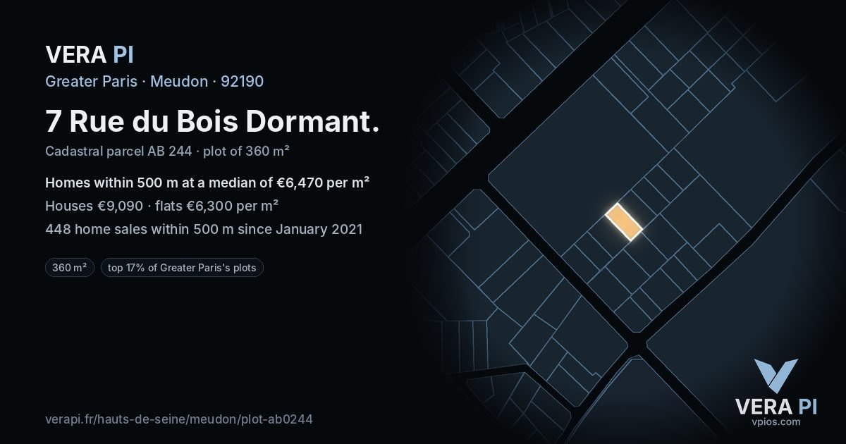 7 Rue du Bois Dormant, Meudon at night – the plot lit, the parcels around coloured by the prices near them