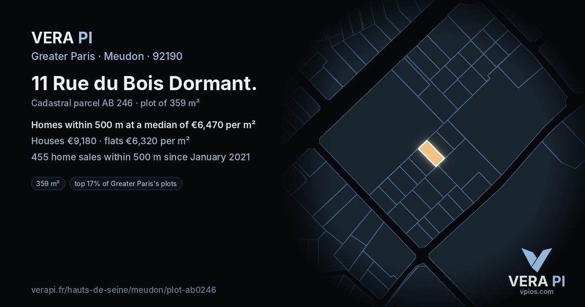 11 Rue du Bois Dormant, Meudon at night – the plot lit, the parcels around coloured by the prices near them