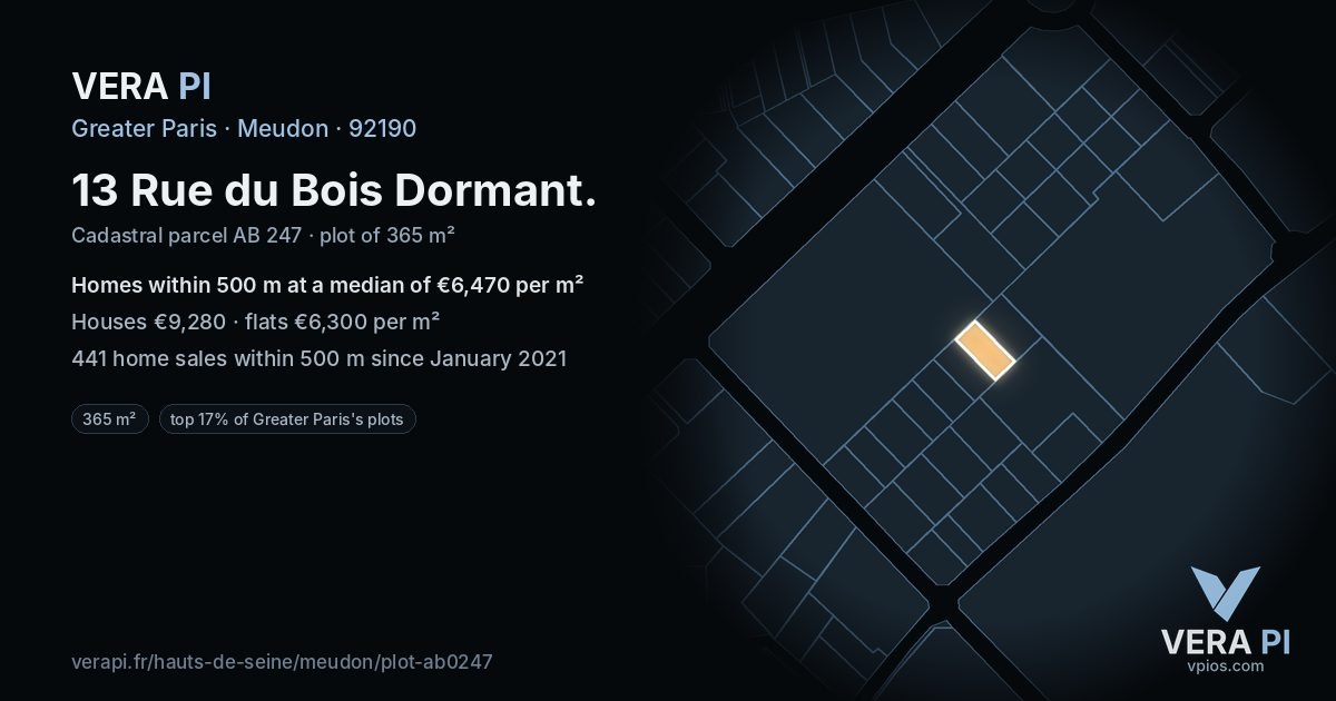 13 Rue du Bois Dormant, Meudon at night – the plot lit, the parcels around coloured by the prices near them