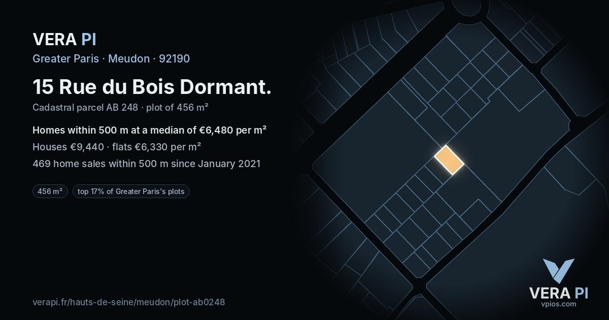 15 Rue du Bois Dormant, Meudon at night – the plot lit, the parcels around coloured by the prices near them