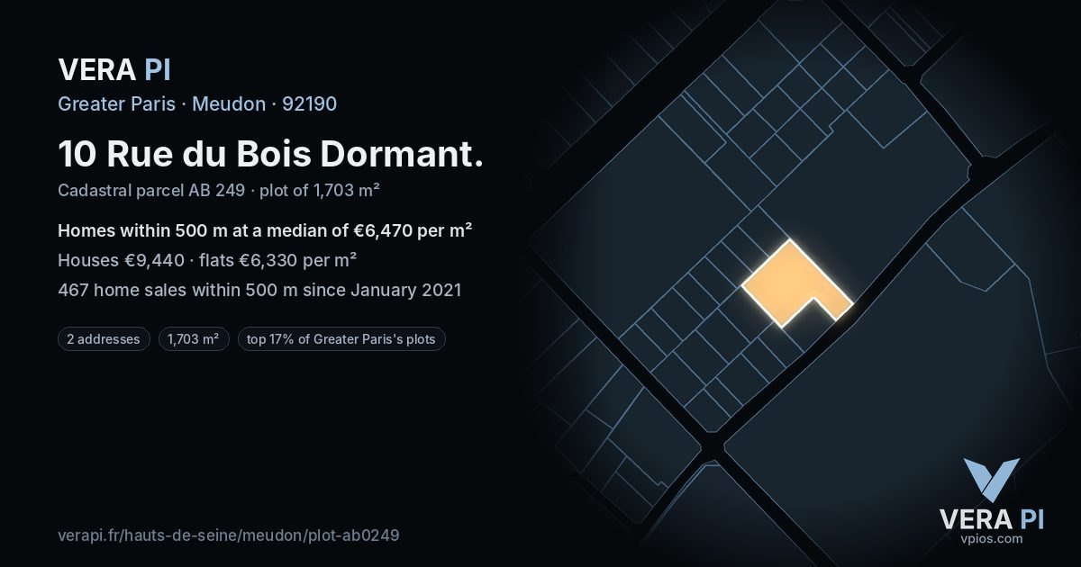 10 Rue du Bois Dormant, Meudon at night – the plot lit, the parcels around coloured by the prices near them