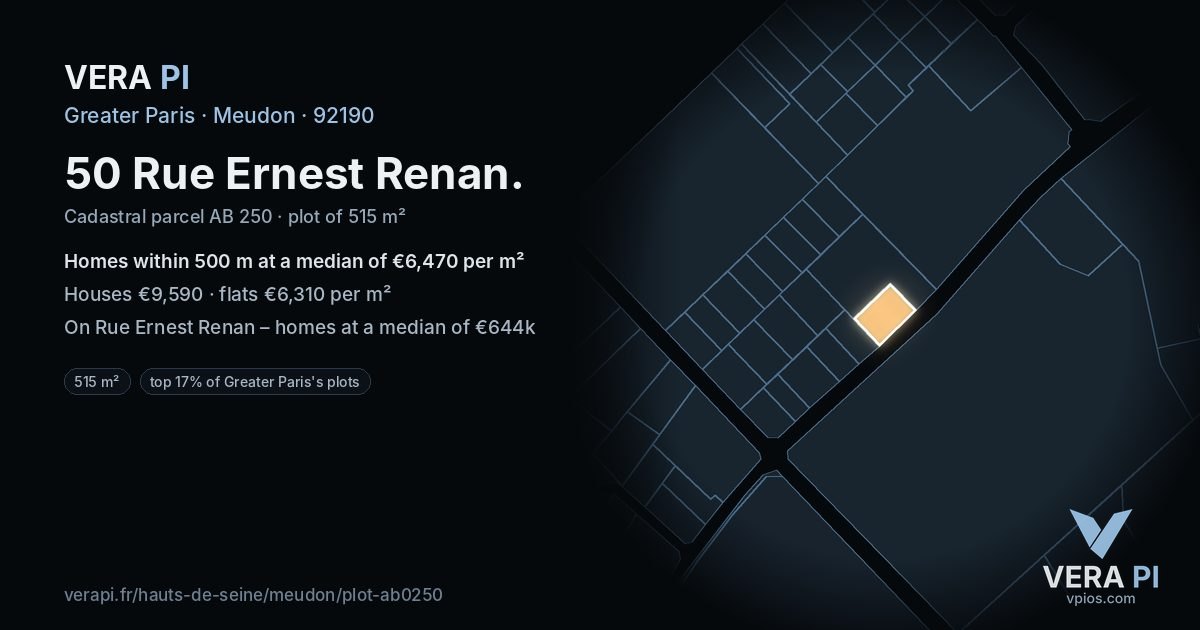 50 Rue Ernest Renan, Meudon at night – the plot lit, the parcels around coloured by the prices near them