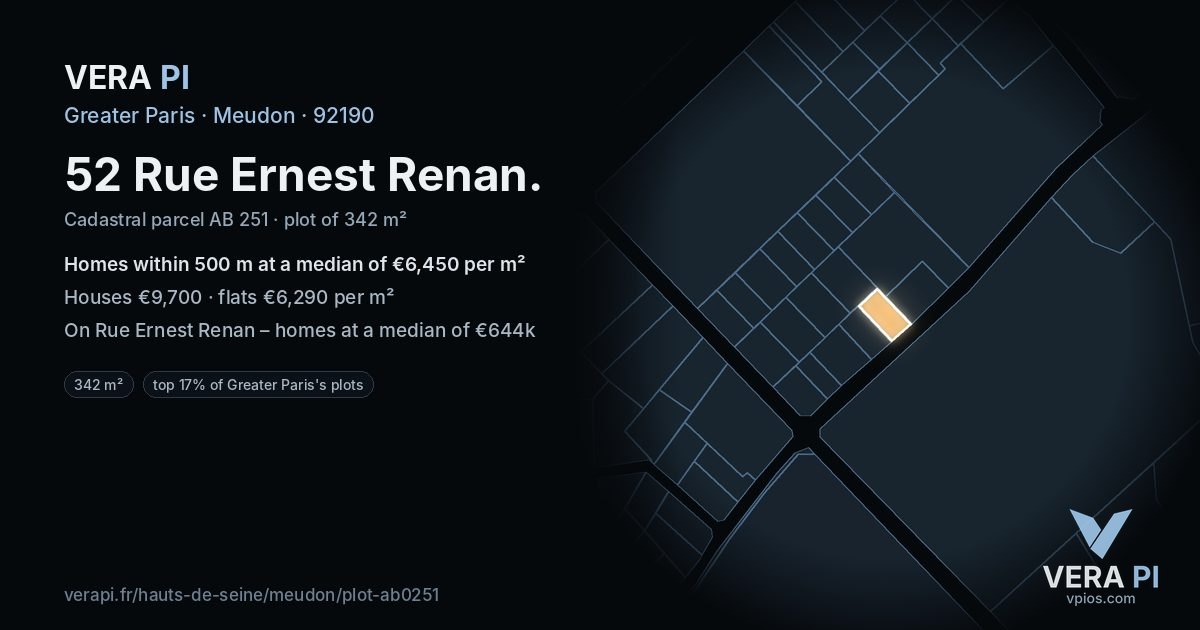52 Rue Ernest Renan, Meudon at night – the plot lit, the parcels around coloured by the prices near them