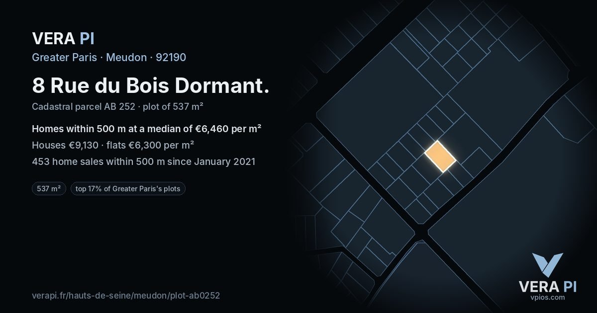 8 Rue du Bois Dormant, Meudon at night – the plot lit, the parcels around coloured by the prices near them