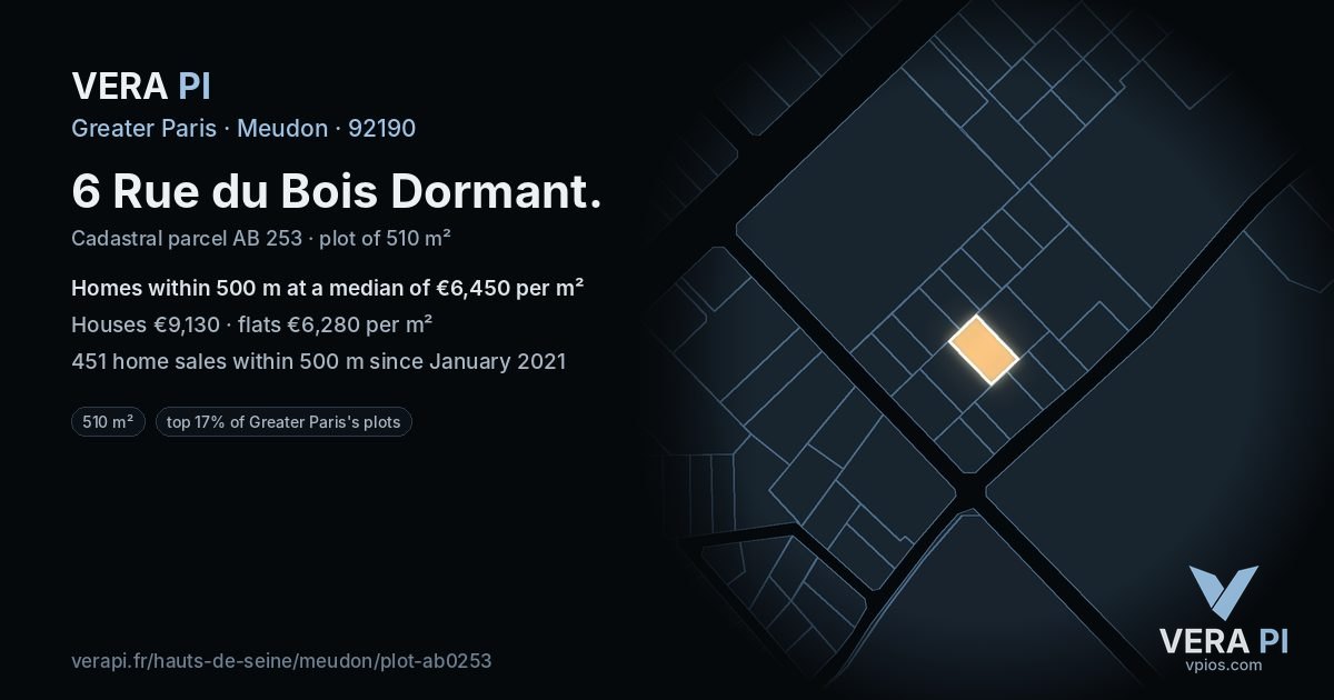 6 Rue du Bois Dormant, Meudon at night – the plot lit, the parcels around coloured by the prices near them