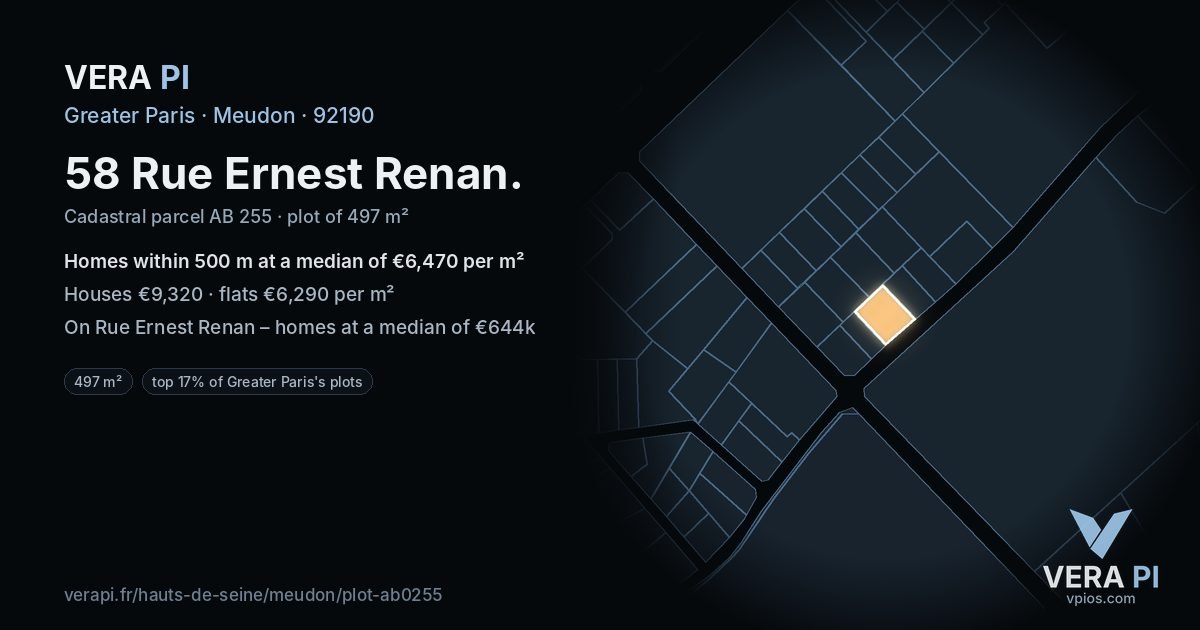 58 Rue Ernest Renan, Meudon at night – the plot lit, the parcels around coloured by the prices near them