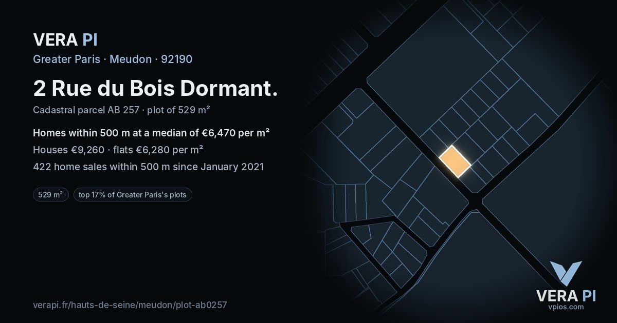 2 Rue du Bois Dormant, Meudon at night – the plot lit, the parcels around coloured by the prices near them