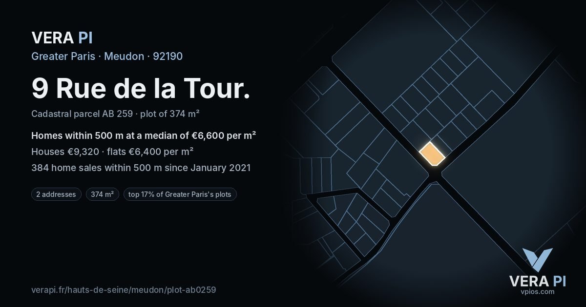 9 Rue de la Tour, Meudon at night – the plot lit, the parcels around coloured by the prices near them