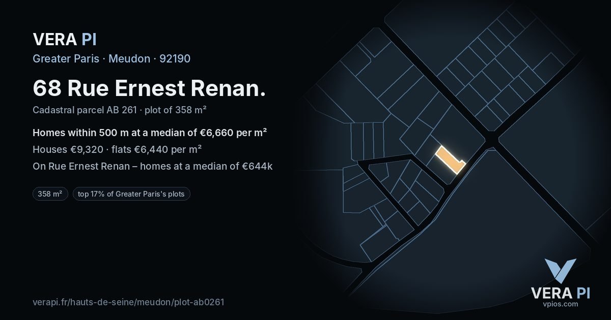 68 Rue Ernest Renan, Meudon at night – the plot lit, the parcels around coloured by the prices near them