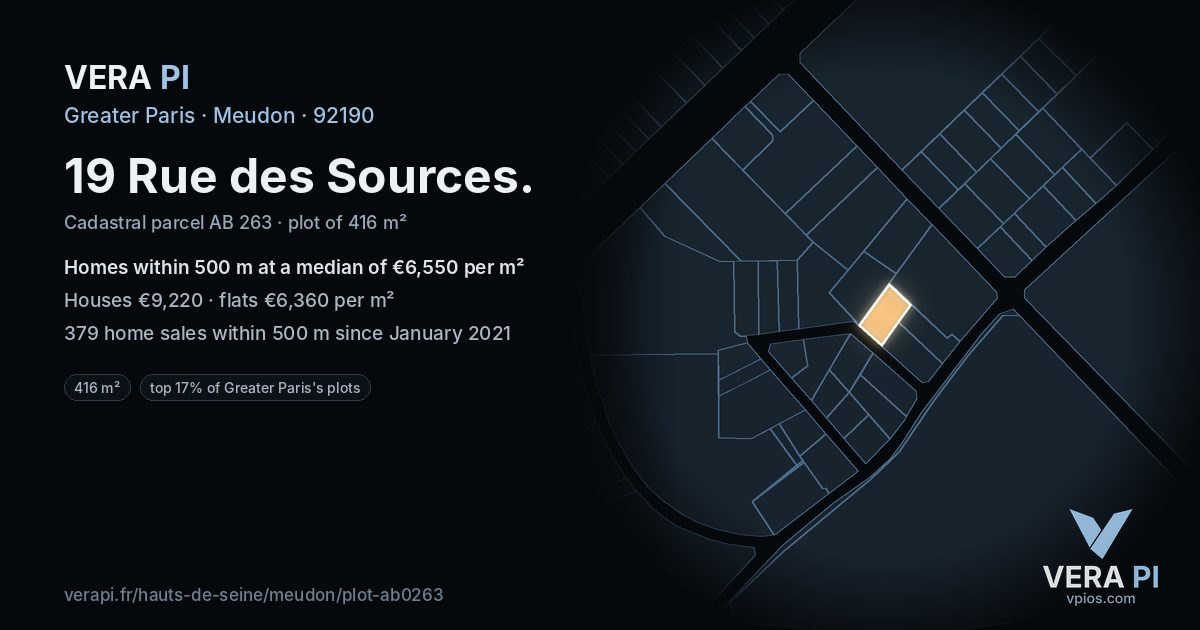 19 Rue des Sources, Meudon at night – the plot lit, the parcels around coloured by the prices near them