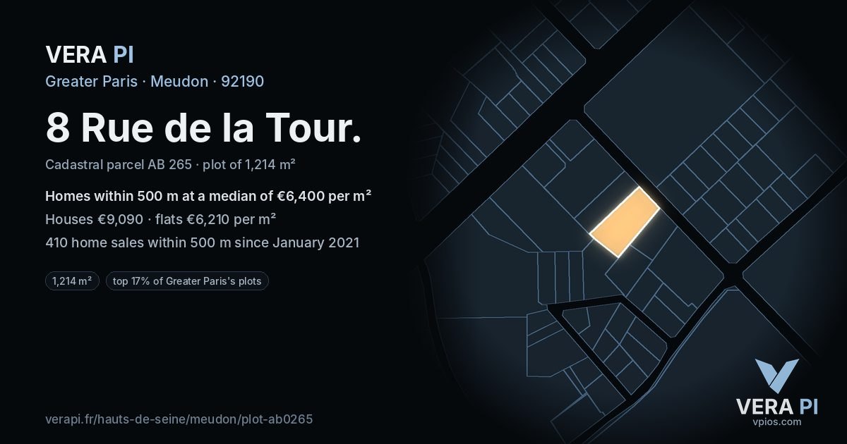 8 Rue de la Tour, Meudon at night – the plot lit, the parcels around coloured by the prices near them