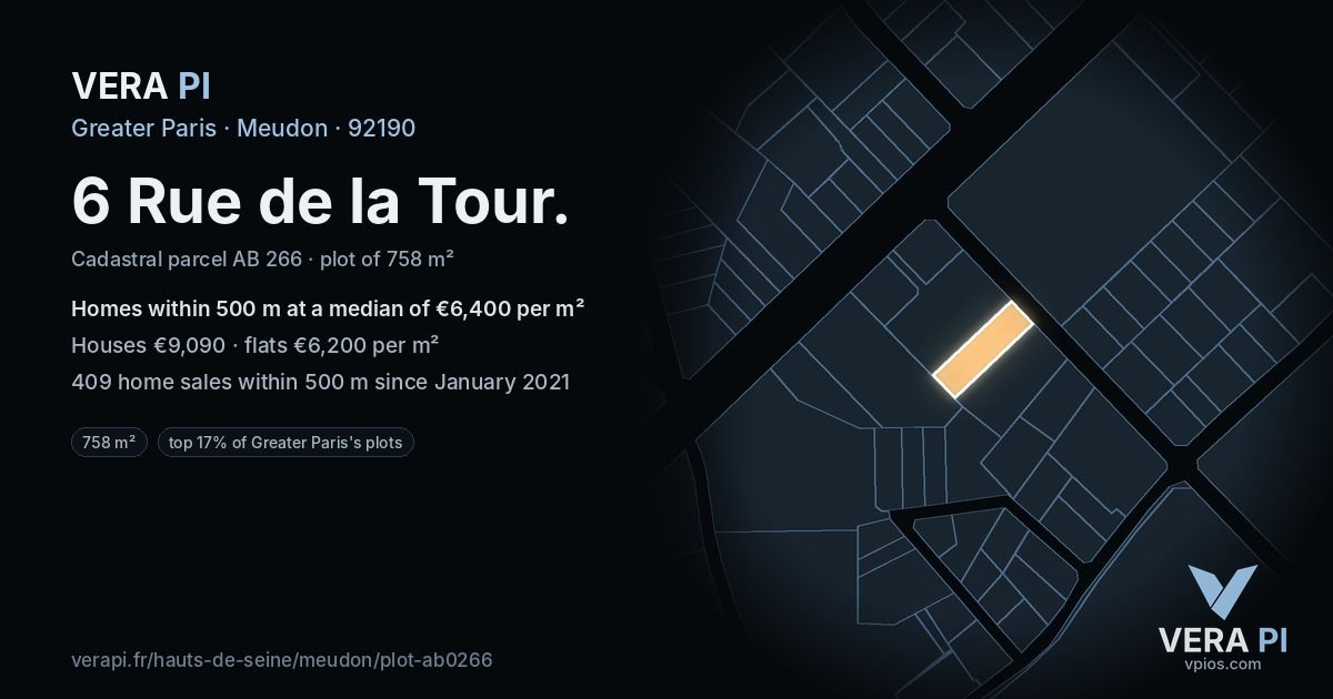 6 Rue de la Tour, Meudon at night – the plot lit, the parcels around coloured by the prices near them