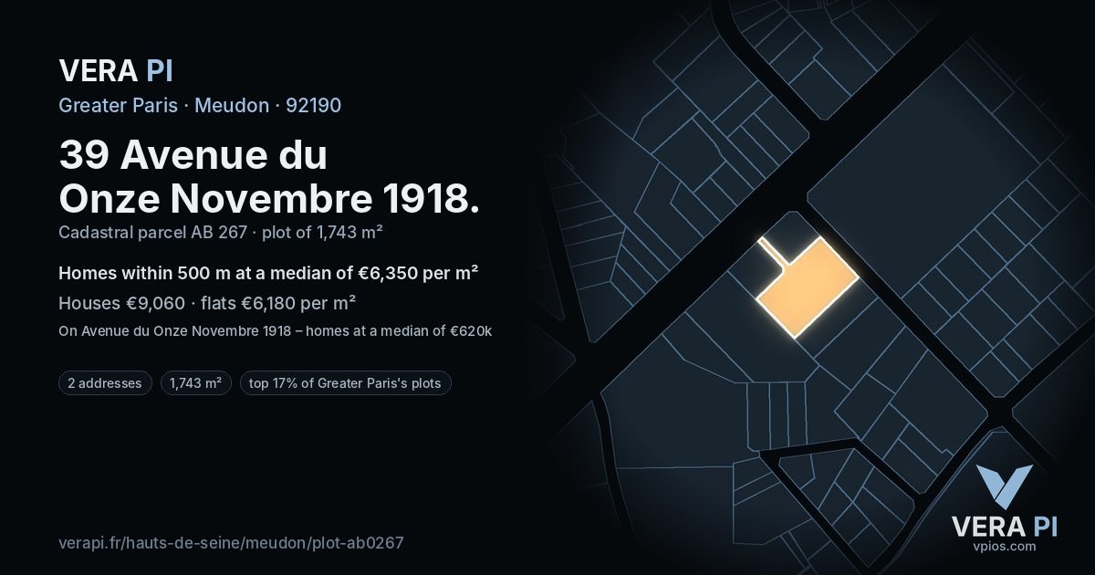 39 Avenue du Onze Novembre 1918, Meudon at night – the plot lit, the parcels around coloured by the prices near them