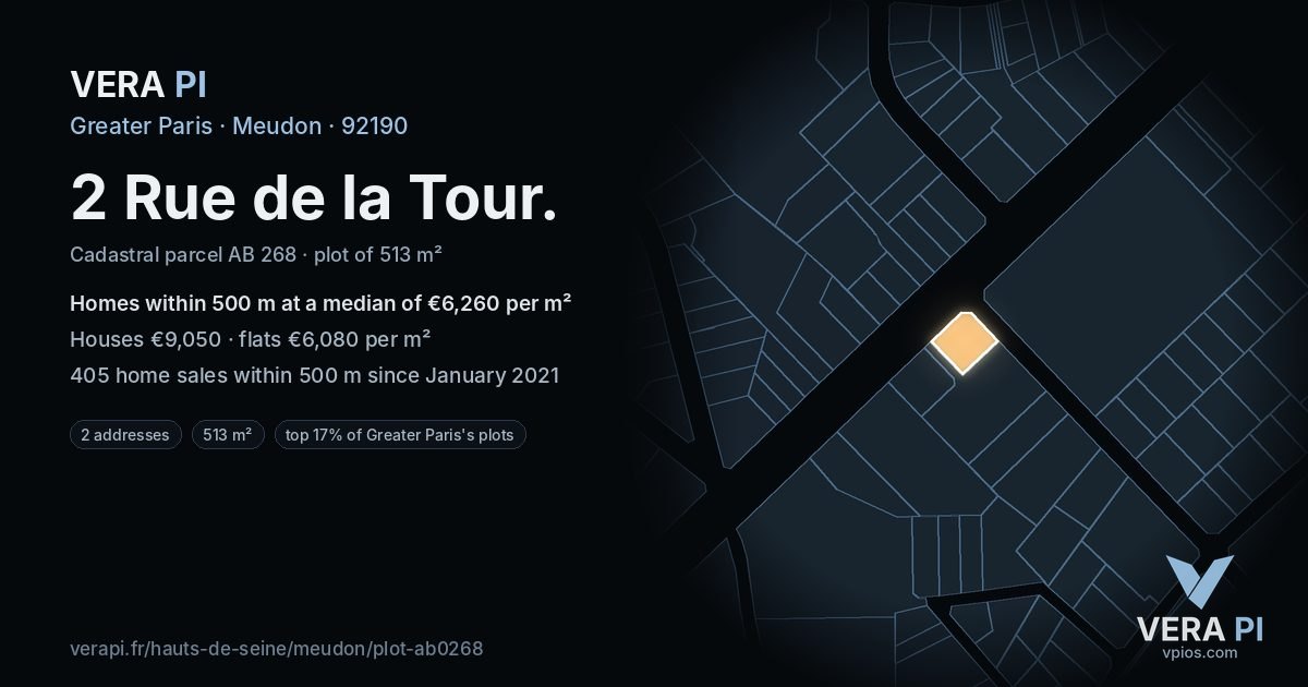 2 Rue de la Tour, Meudon at night – the plot lit, the parcels around coloured by the prices near them