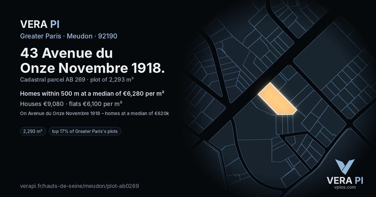 43 Avenue du Onze Novembre 1918, Meudon at night – the plot lit, the parcels around coloured by the prices near them