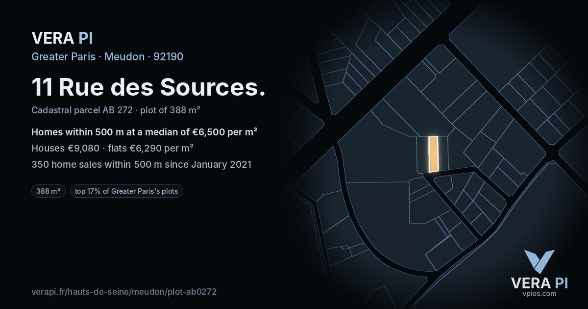 11 Rue des Sources, Meudon at night – the plot lit, the parcels around coloured by the prices near them