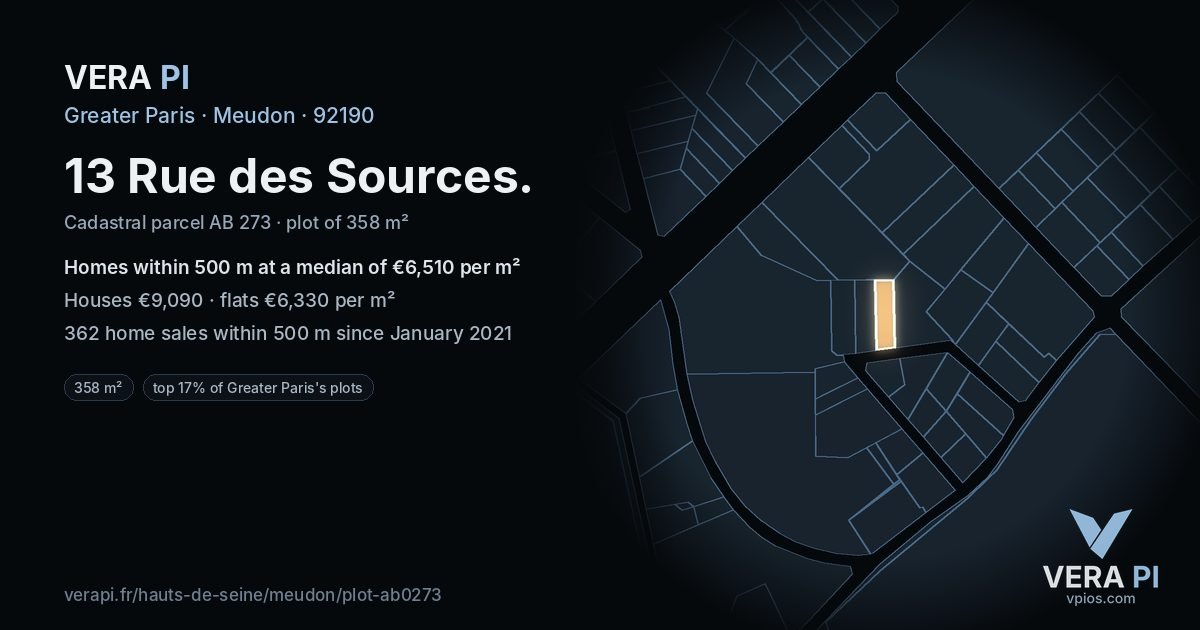 13 Rue des Sources, Meudon at night – the plot lit, the parcels around coloured by the prices near them