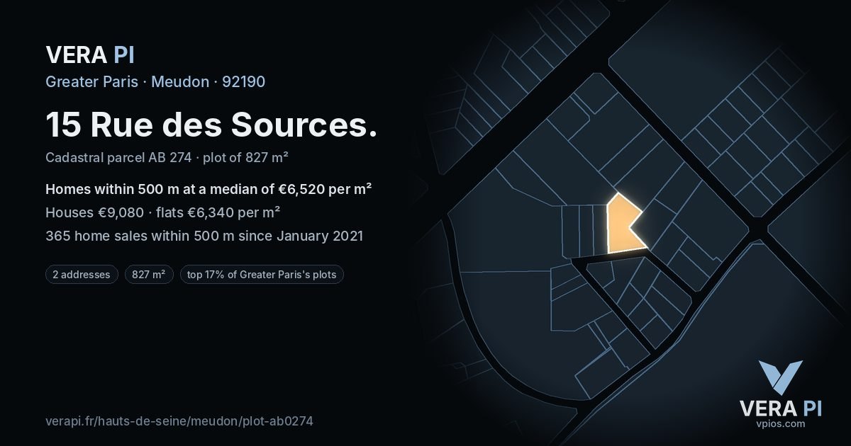 15 Rue des Sources, Meudon at night – the plot lit, the parcels around coloured by the prices near them