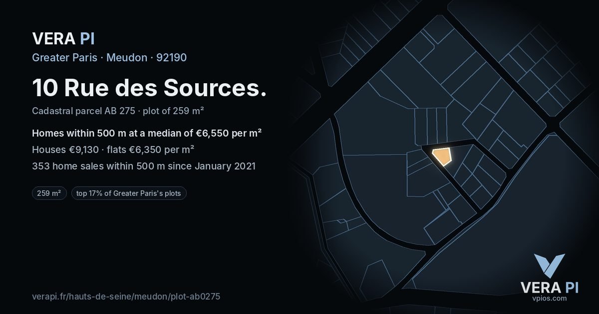 10 Rue des Sources, Meudon at night – the plot lit, the parcels around coloured by the prices near them