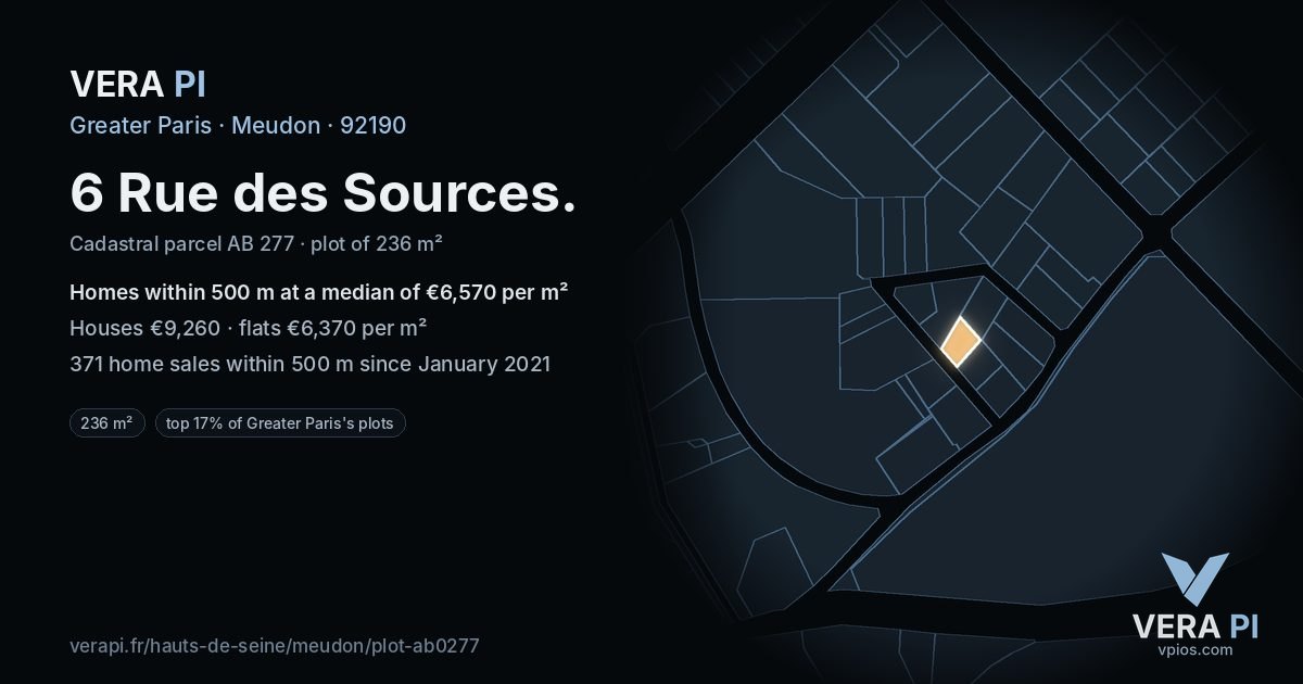 6 Rue des Sources, Meudon at night – the plot lit, the parcels around coloured by the prices near them