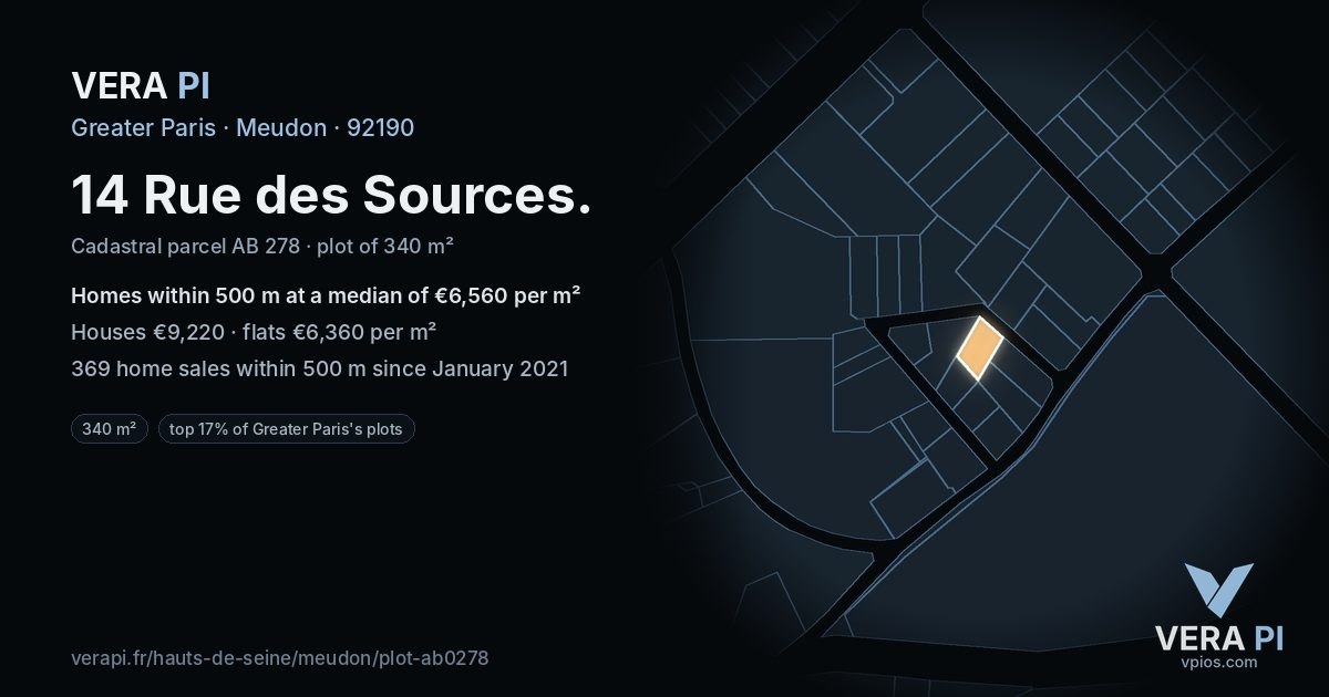 14 Rue des Sources, Meudon at night – the plot lit, the parcels around coloured by the prices near them