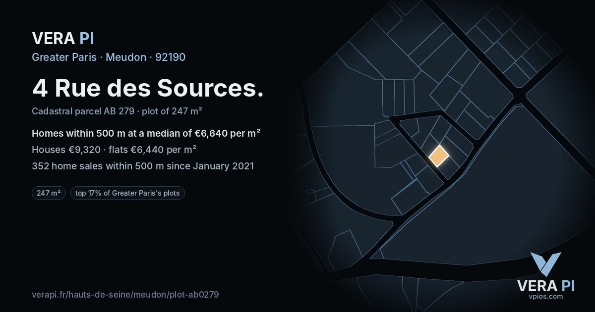 4 Rue des Sources, Meudon at night – the plot lit, the parcels around coloured by the prices near them