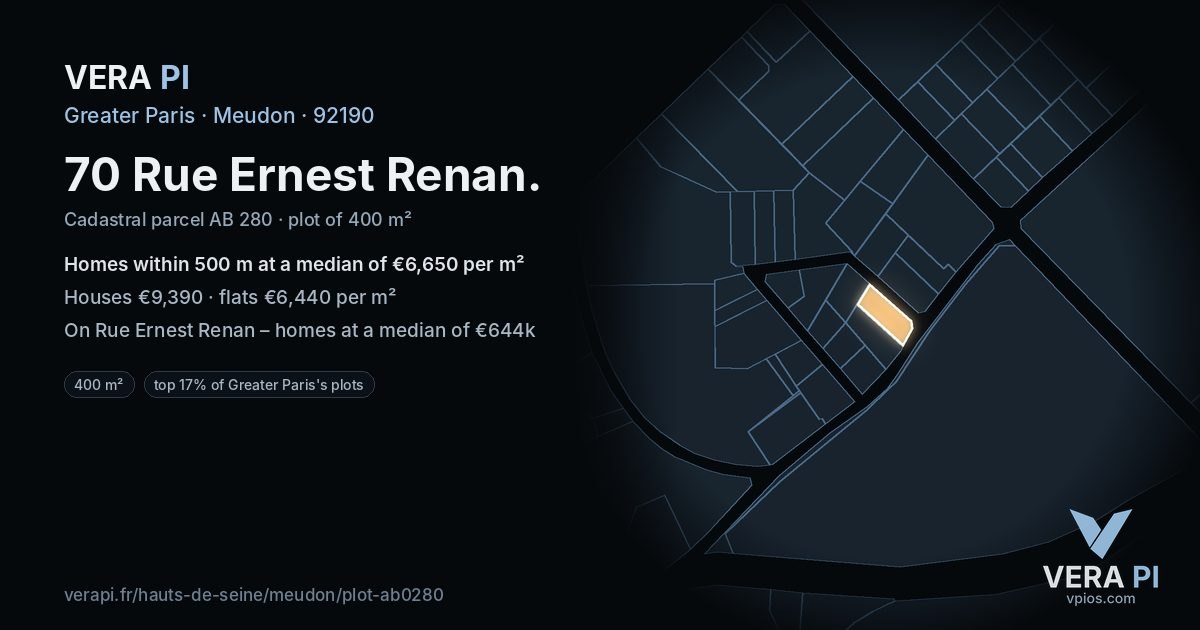 70 Rue Ernest Renan, Meudon at night – the plot lit, the parcels around coloured by the prices near them