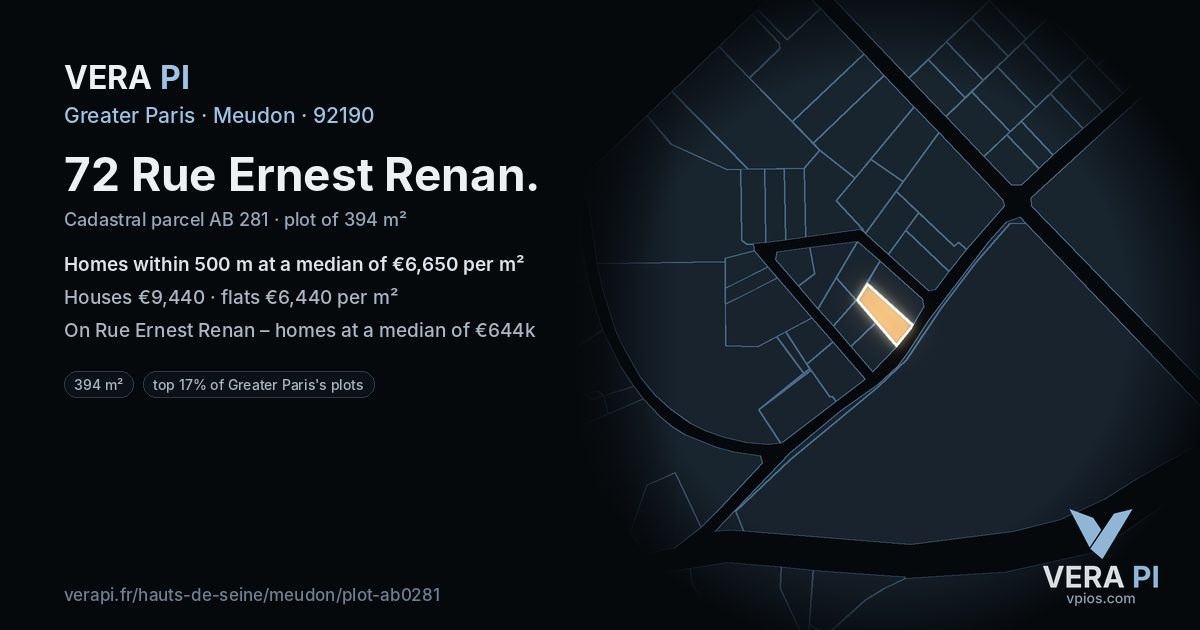 72 Rue Ernest Renan, Meudon at night – the plot lit, the parcels around coloured by the prices near them