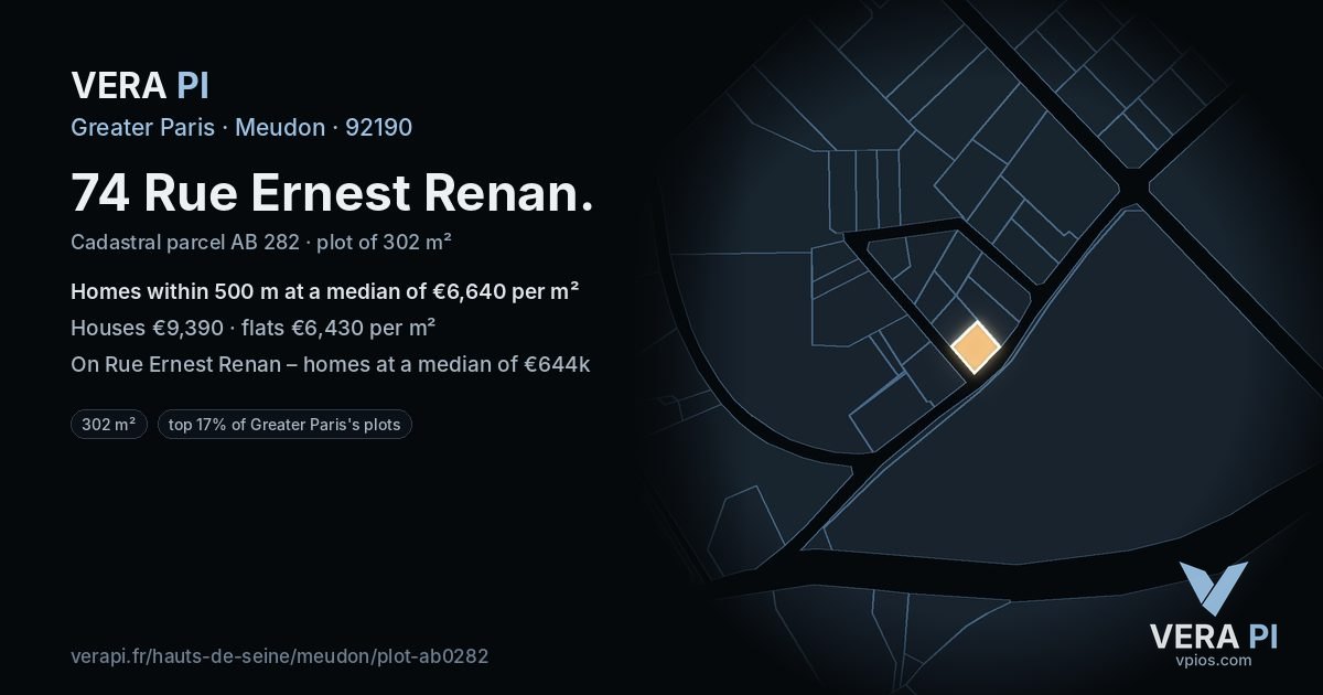 74 Rue Ernest Renan, Meudon at night – the plot lit, the parcels around coloured by the prices near them