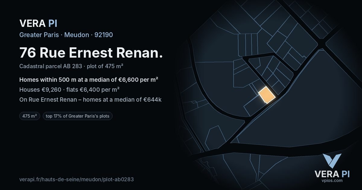 76 Rue Ernest Renan, Meudon at night – the plot lit, the parcels around coloured by the prices near them