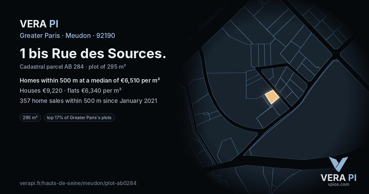 1 bis Rue des Sources, Meudon at night – the plot lit, the parcels around coloured by the prices near them