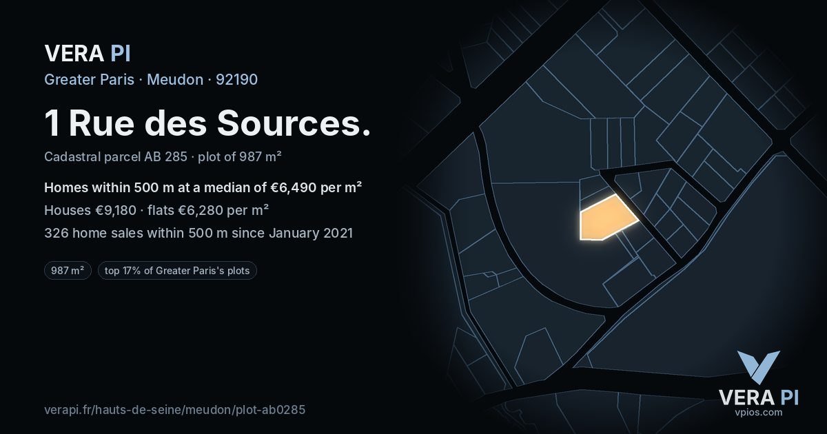 1 Rue des Sources, Meudon at night – the plot lit, the parcels around coloured by the prices near them